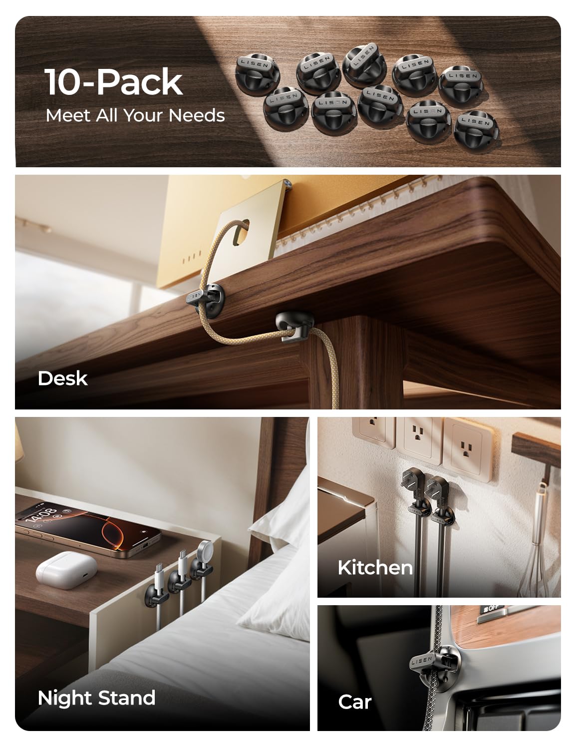 10 Pack Magnetic Cable Clips [2025 Minimum Size] LISEN Halloween Decor Christmas Decorations Indoor, Magnetic Cord Holder for Nightstand Desk, Cable Management for Home Office Organizer Dorm Wall Car - Image 8