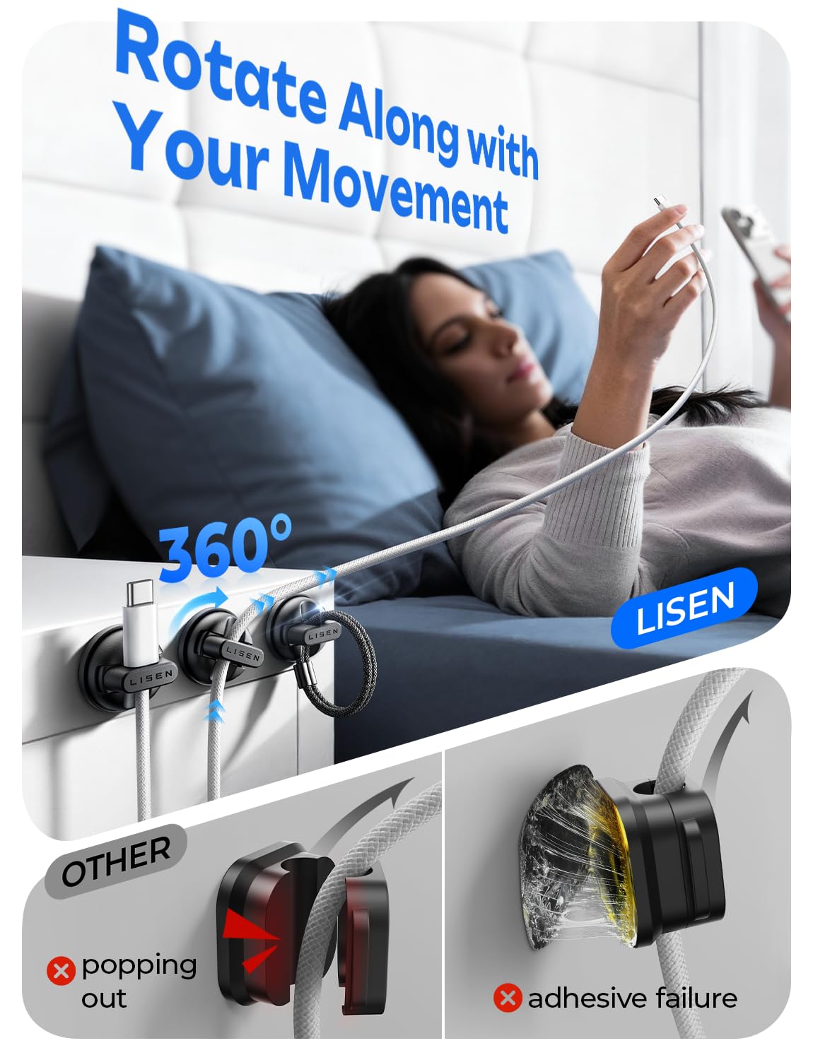 6-Pack Rotatable Cord Holder for Nightstand, LISEN 360°Rotating Magnetic Clips, No-Residue Strong Adhesive Cord Organizer for Desk, Phone Cord Holder for Home, Car, Office Desk Accessories - Image 3