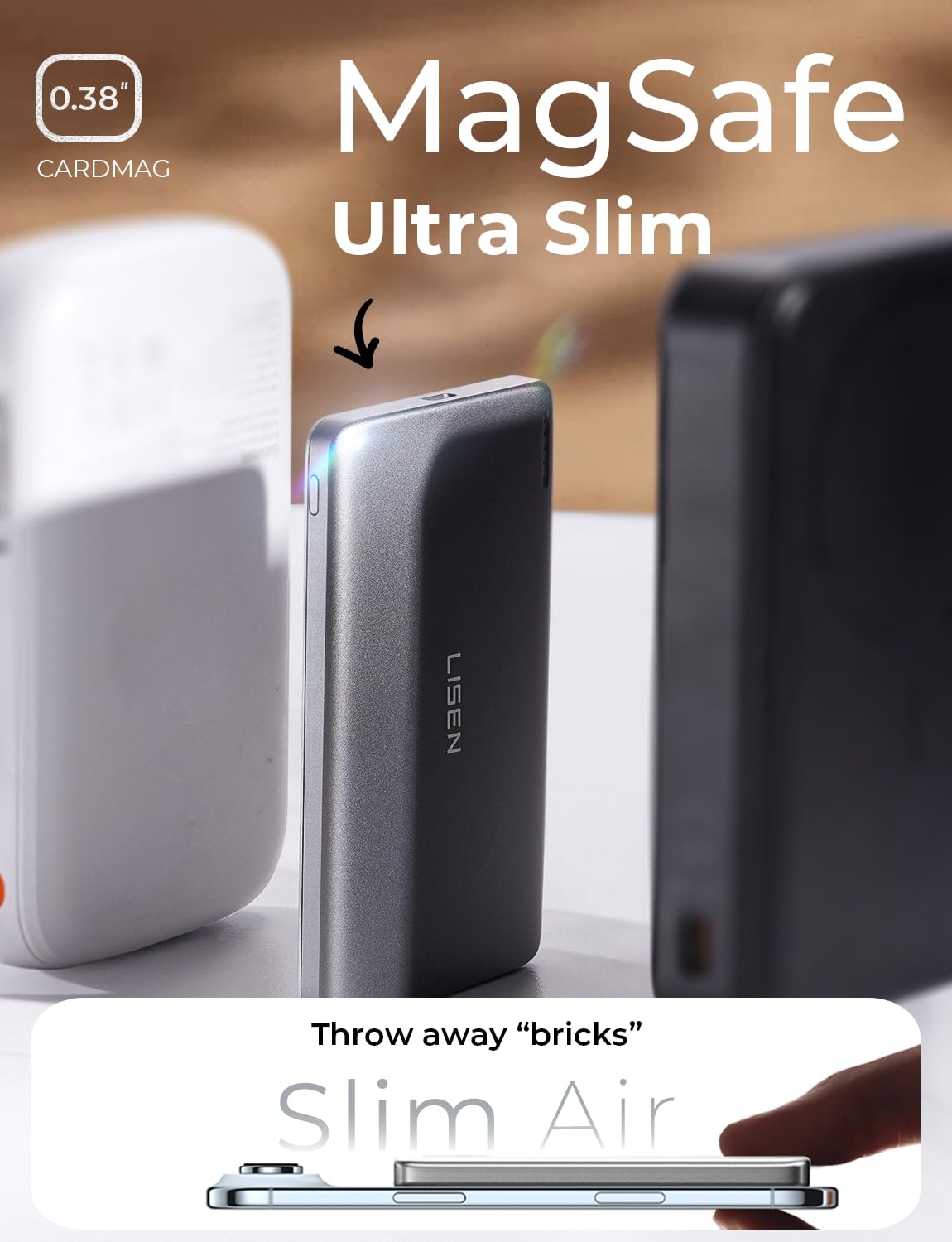 LISEN [0.3'' Ultra Slim [Qi2 15W Max] for MagSafe Battery Pack,5000mAh MagSafe Power Bank Wireless,Travel Essentials Portable Charger,Magnetic Power Bank for iPhone 17 Pro Max Plus Air 16 15 14 13 12 - Image 3