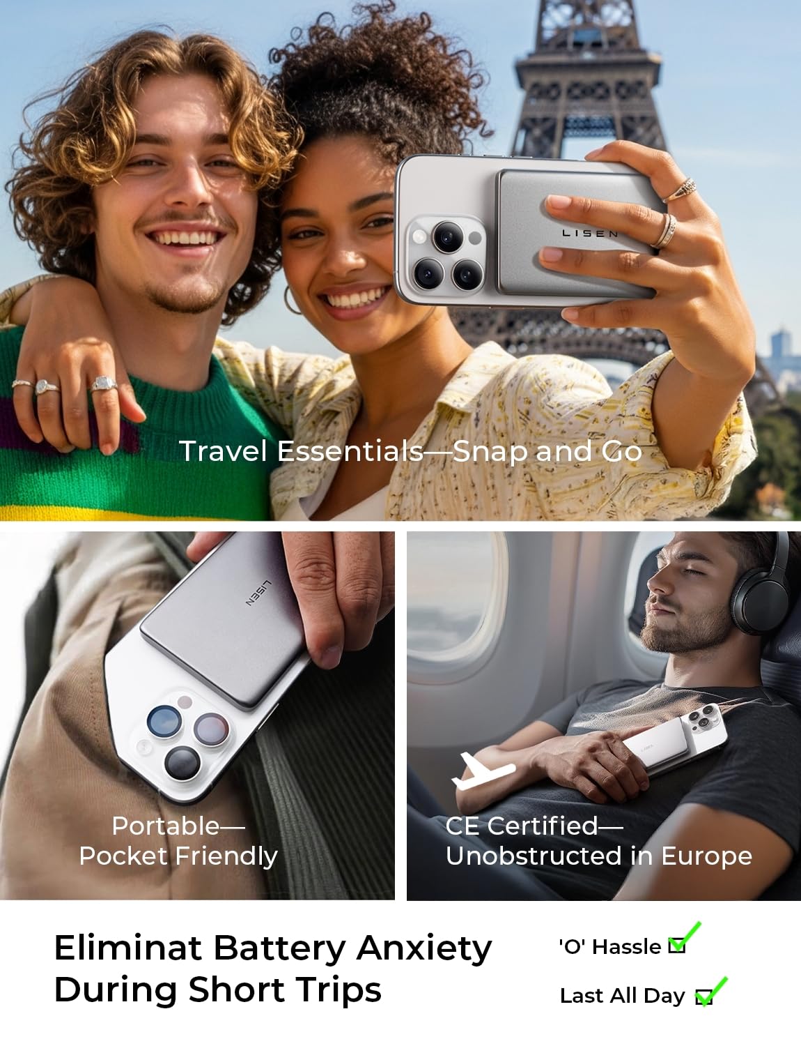 LISEN [0.3'' Ultra Slim [Qi2 15W Max] for MagSafe Battery Pack,5000mAh MagSafe Power Bank Wireless,Travel Essentials Portable Charger,Magnetic Power Bank for iPhone 17 Pro Max Plus Air 16 15 14 13 12 - Image 7