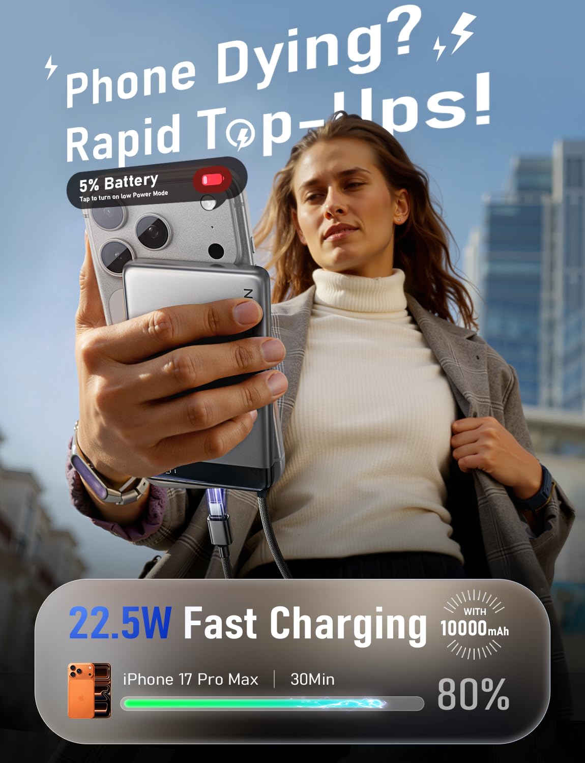 LISEN [CCC Certified] [Metal Alloy] 0.5" Ultra Slim 10000mAh Power Bank, TSA Approved Airplane Travel Essentials, Portable Charger USB C Fast Charging for iPhone 17 Air 16 15 Pro Samsung Galaxy S26 - Image 4