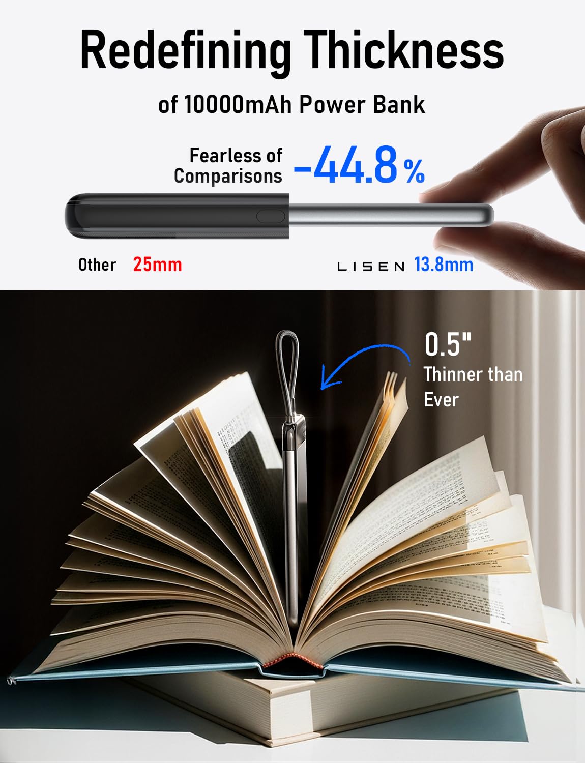 LISEN [CCC Certified] [Metal Alloy] 0.5" Ultra Slim 10000mAh Power Bank, TSA Approved Airplane Travel Essentials, Portable Charger USB C Fast Charging for iPhone 17 Air 16 15 Pro Samsung Galaxy S26 - Image 7
