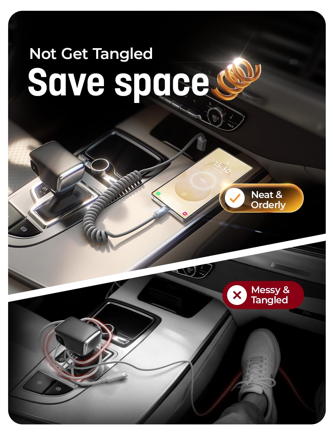 LISEN Coiled USB C Cable, Durable Short USB A to USB C Cable 2 Pack for Android Auto & CarPlay Cable, Short Type C Retractable Car Charger Cord for iPhone 17/16/15 Samsung Galaxy S25/S24 A15, Gray 4FT - Image 4