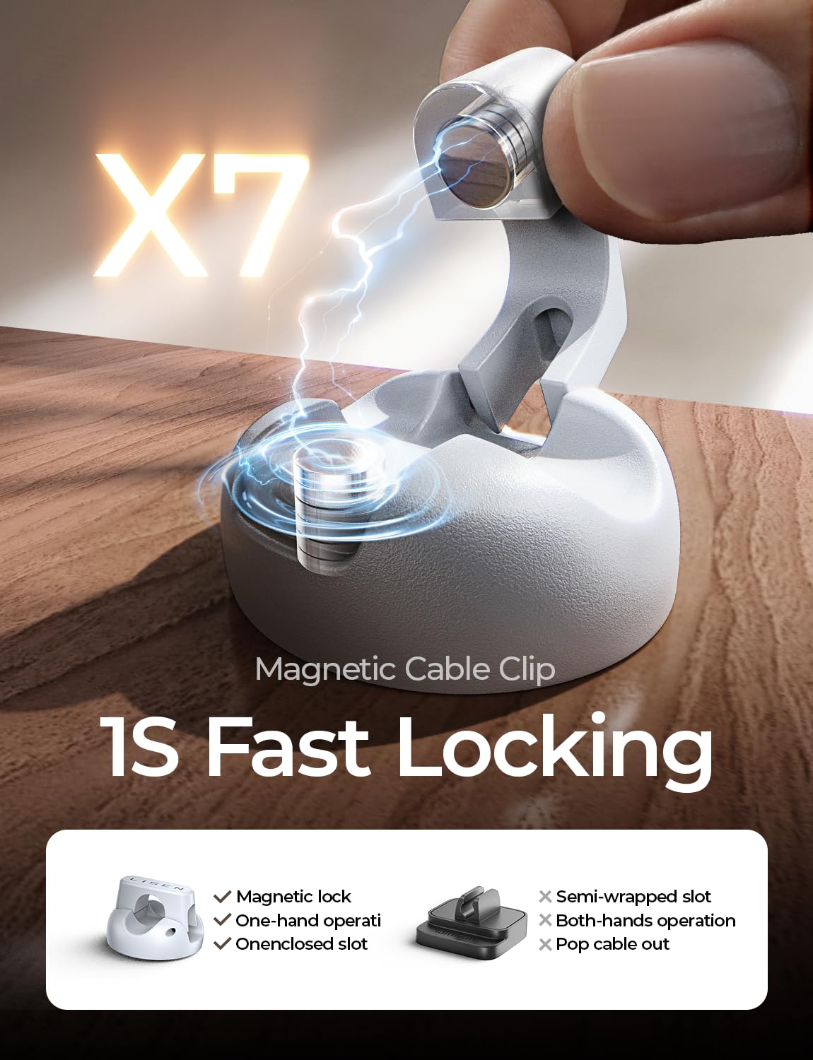 LISEN Cord Holder 8 Pack Magnetic Cable Clips Organizer, for Nightstand [Smooth Adjustable] Adhesive Organizer for Cords Under Desk for Home Office Desk Car Wall Desktop Nightstand-White - Image 3