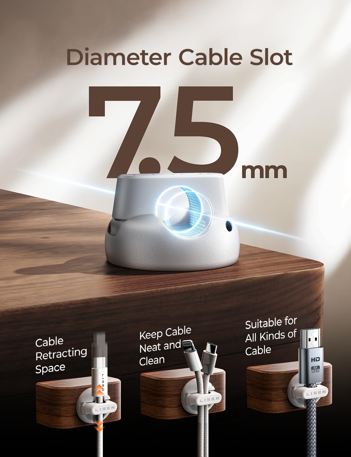 LISEN Cord Holder 8 Pack Magnetic Cable Clips Organizer, for Nightstand [Smooth Adjustable] Adhesive Organizer for Cords Under Desk for Home Office Desk Car Wall Desktop Nightstand-White - Image 4