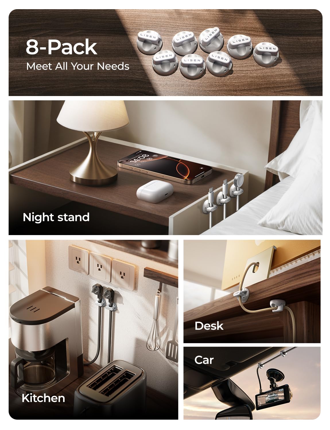 LISEN Cord Holder 8 Pack Magnetic Cable Clips Organizer, for Nightstand [Smooth Adjustable] Adhesive Organizer for Cords Under Desk for Home Office Desk Car Wall Desktop Nightstand-White - Image 7