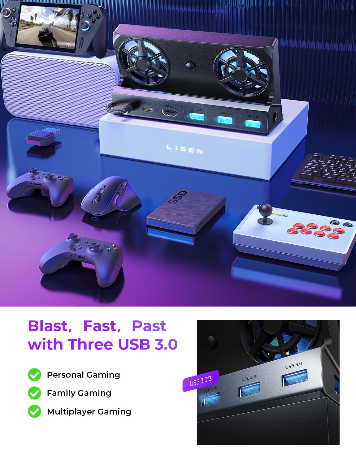 LISEN Docking Station for ASUS ROG ALLY X & Steam Deck & Lenovo Legion GO, Dual Cooling Fan [Zero Distraction] ROG ALLY Dock Station with 4K@60Hz,USB 3.0*3, PD100W and Ethernet Fit For Steam Deck OLED - Image 7