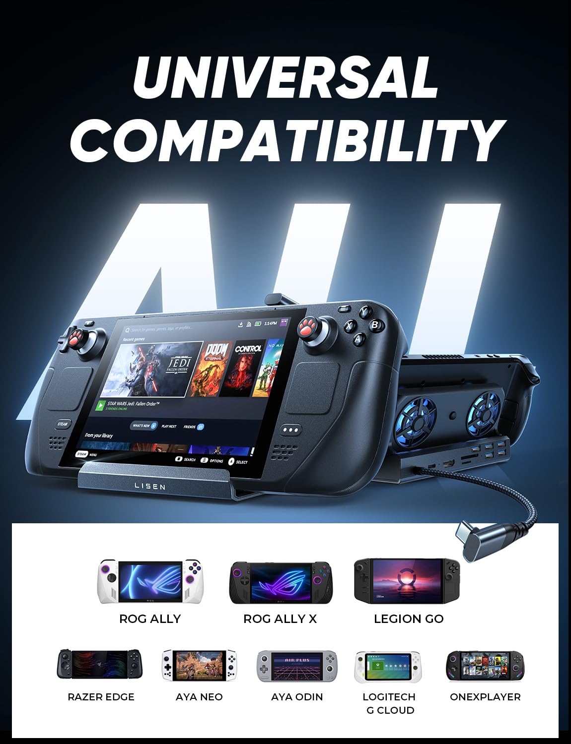 LISEN Docking Station for ASUS ROG ALLY X & Steam Deck & Lenovo Legion GO, Dual Cooling Fan [Zero Distraction] ROG ALLY Dock Station with 4K@60Hz,USB 3.0*3, PD100W and Ethernet Fit For Steam Deck OLED - Image 8