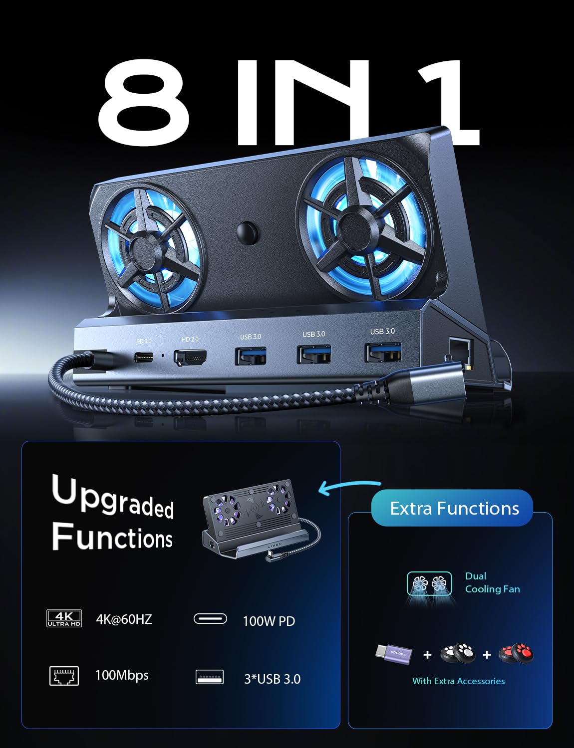 LISEN Docking Station for ASUS ROG ALLY X & Steam Deck & Lenovo Legion GO, Dual Cooling Fan [Zero Distraction] ROG ALLY Dock Station with 4K@60Hz,USB 3.0*3, PD100W and Ethernet Fit For Steam Deck OLED - Image 9