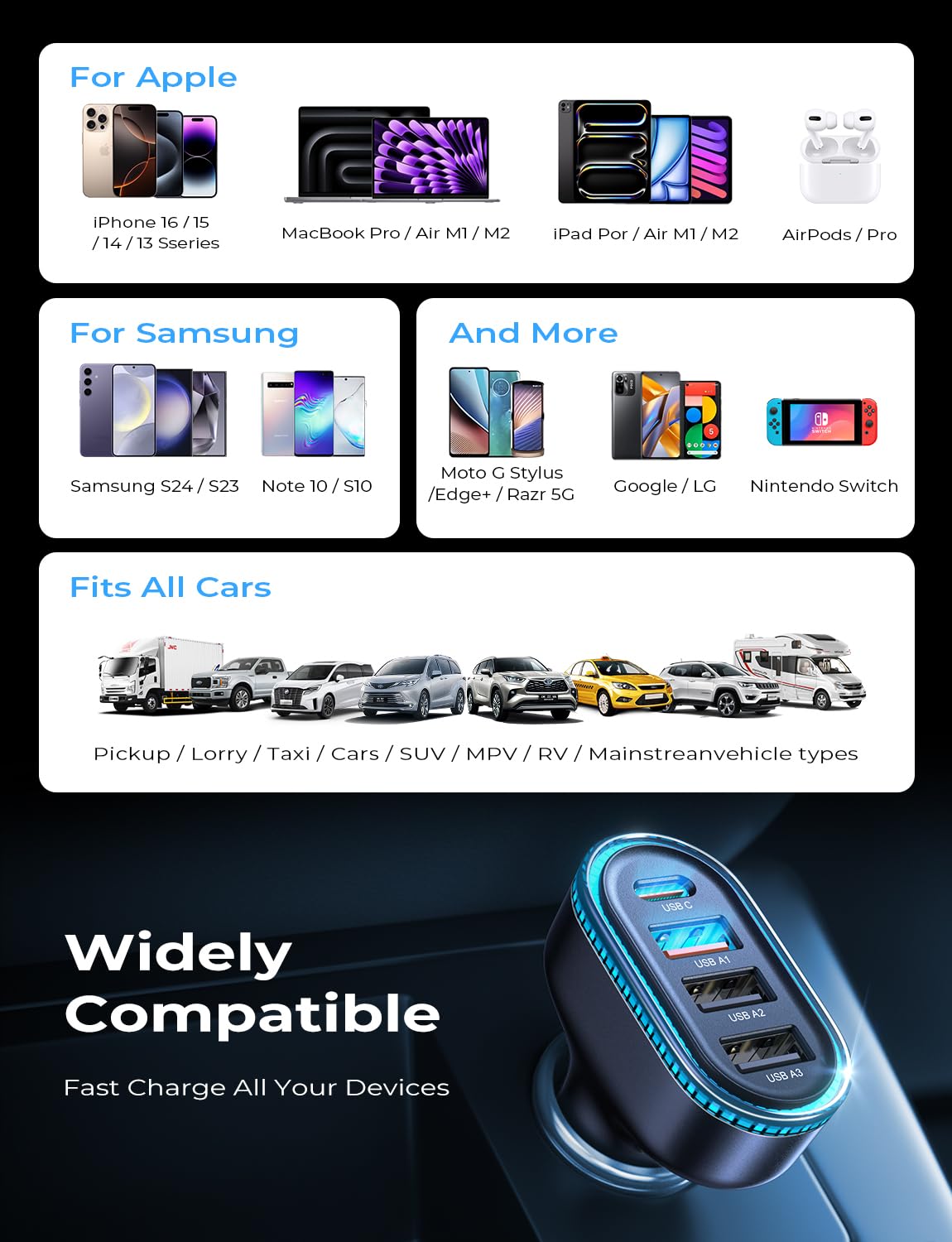 LISEN for iPhone 17 60W Cigarette Lighter Charger, Travel Car Accessories 4-Port Super Fast Car Charger with Multiple Ports, Car Phone Charger for iPhone 17/16/16e/15 Pro Max, Samsung, Piexl Kits - Image 6