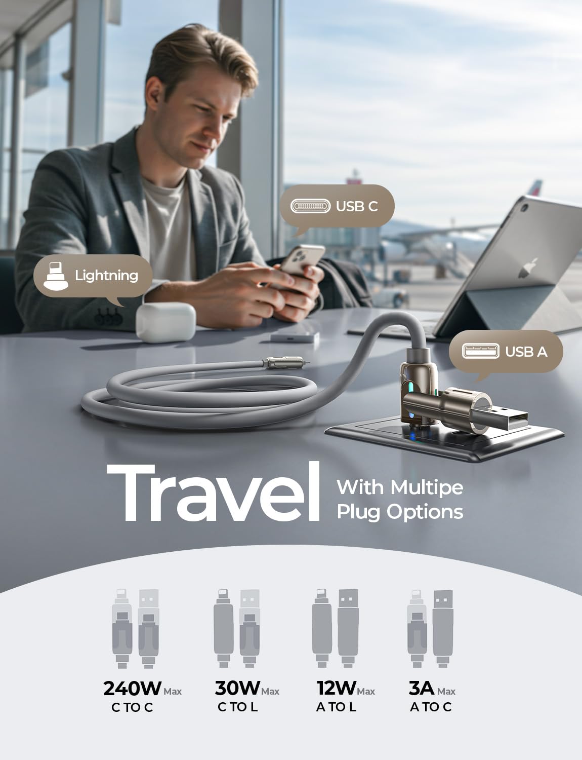 LISEN USB C to Lightning Cable, Chubby 240W 4 in 1 Charging Cable 6.6FT, USB A/C to C/Lightning with Light iPhone Charger for iPhone 17 16 15 14 Pro Max/M5 MacBook Air Pro/iPad/Samsung S25/Switch/PS5 - Image 3