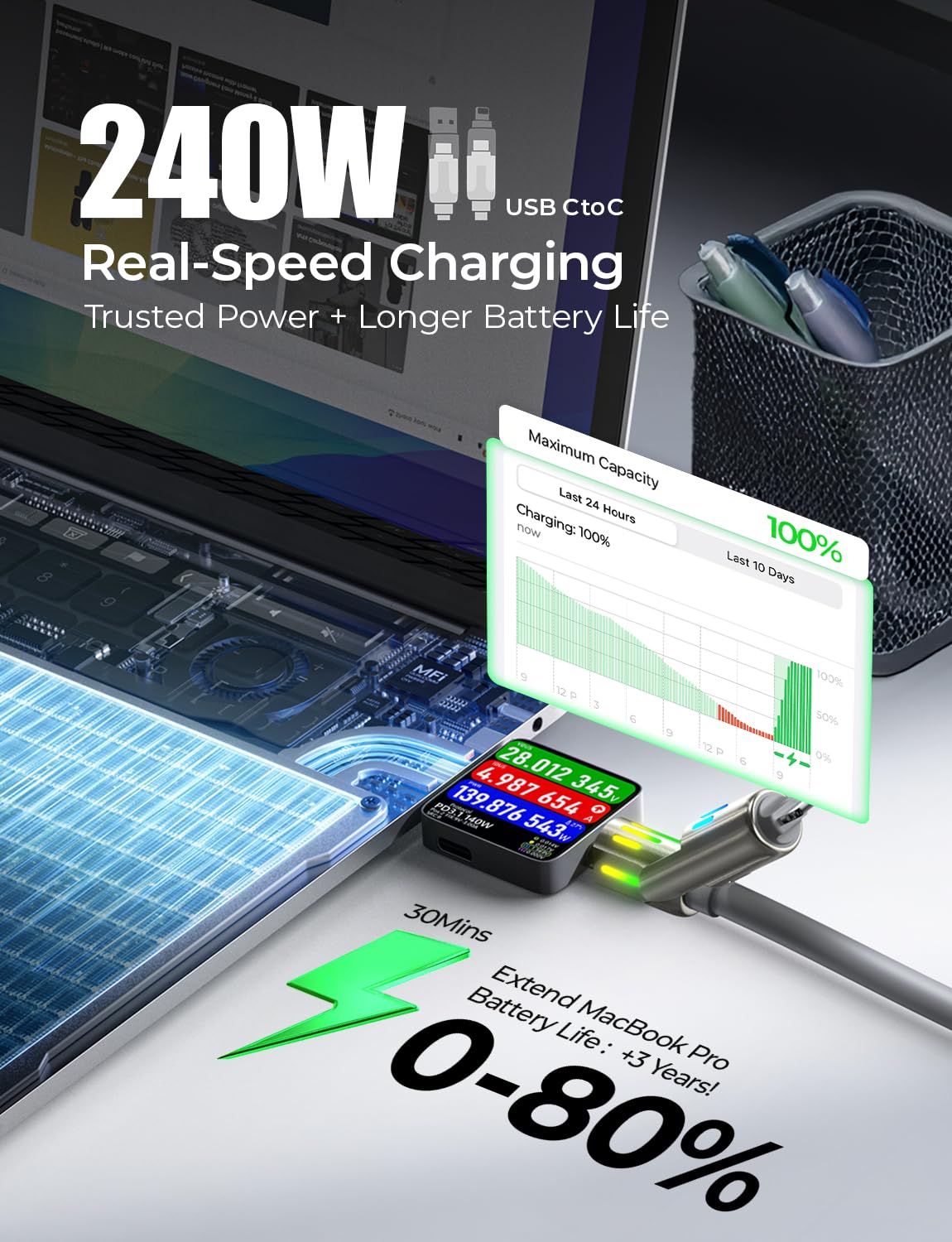 LISEN USB C to Lightning Cable, Chubby 240W 4 in 1 Charging Cable 6.6FT, USB A/C to C/Lightning with Light iPhone Charger for iPhone 17 16 15 14 Pro Max/M5 MacBook Air Pro/iPad/Samsung S25/Switch/PS5 - Image 4