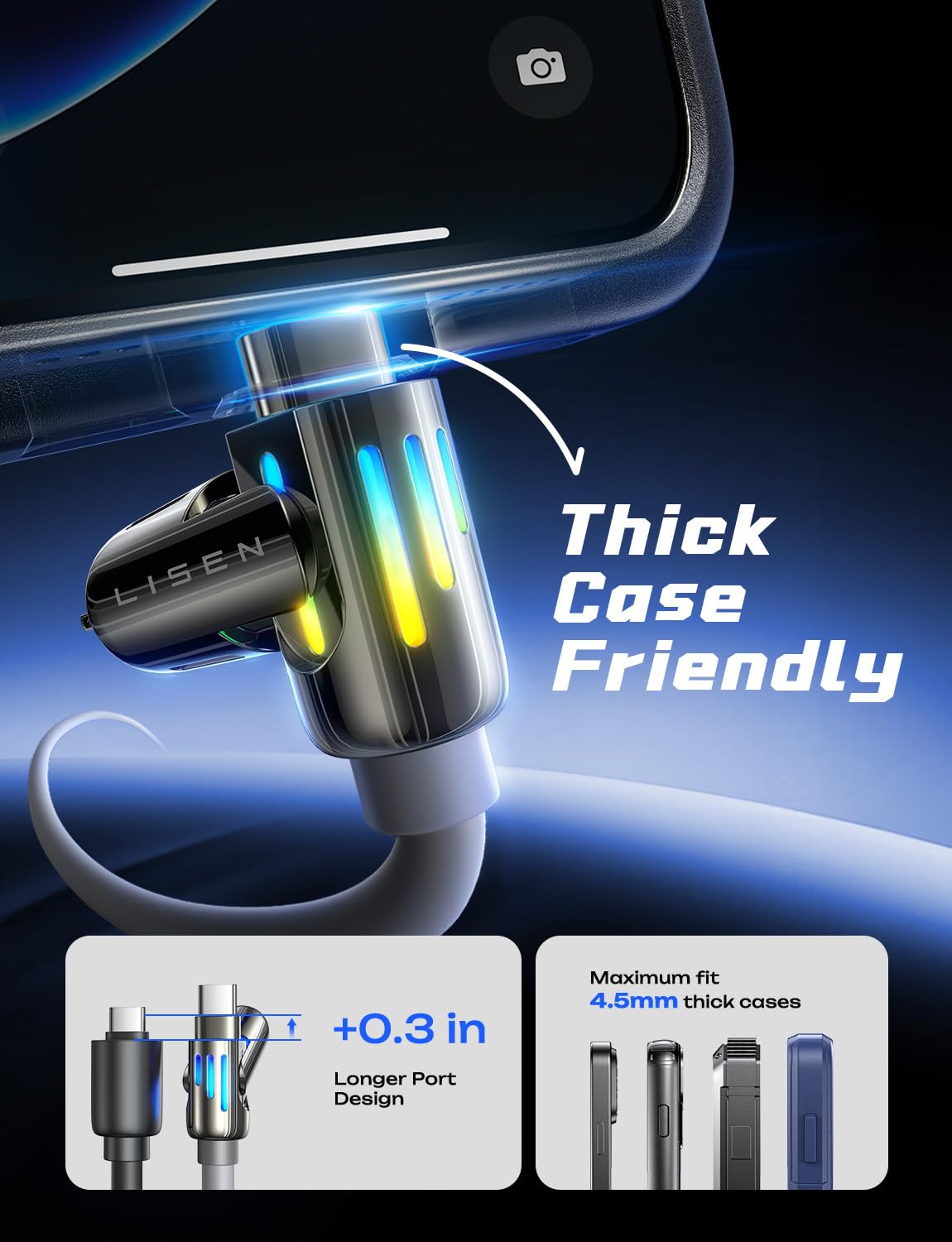 LISEN USB C to Lightning Cable, Chubby 240W 4 in 1 Charging Cable 6.6FT, USB A/C to C/Lightning with Light iPhone Charger for iPhone 17 16 15 14 Pro Max/M5 MacBook Air Pro/iPad/Samsung S25/Switch/PS5 - Image 6